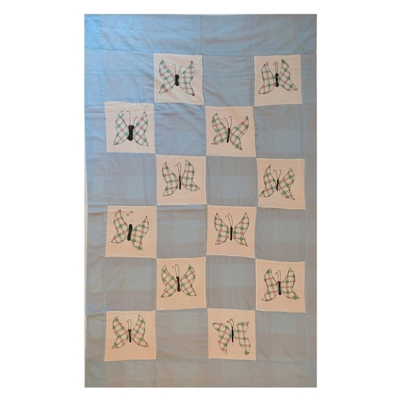 VINTAGE QUILT Butterfly Pastel Baby Blue Crib Nursery Embroidered Blanket - Picture 6 of 11
